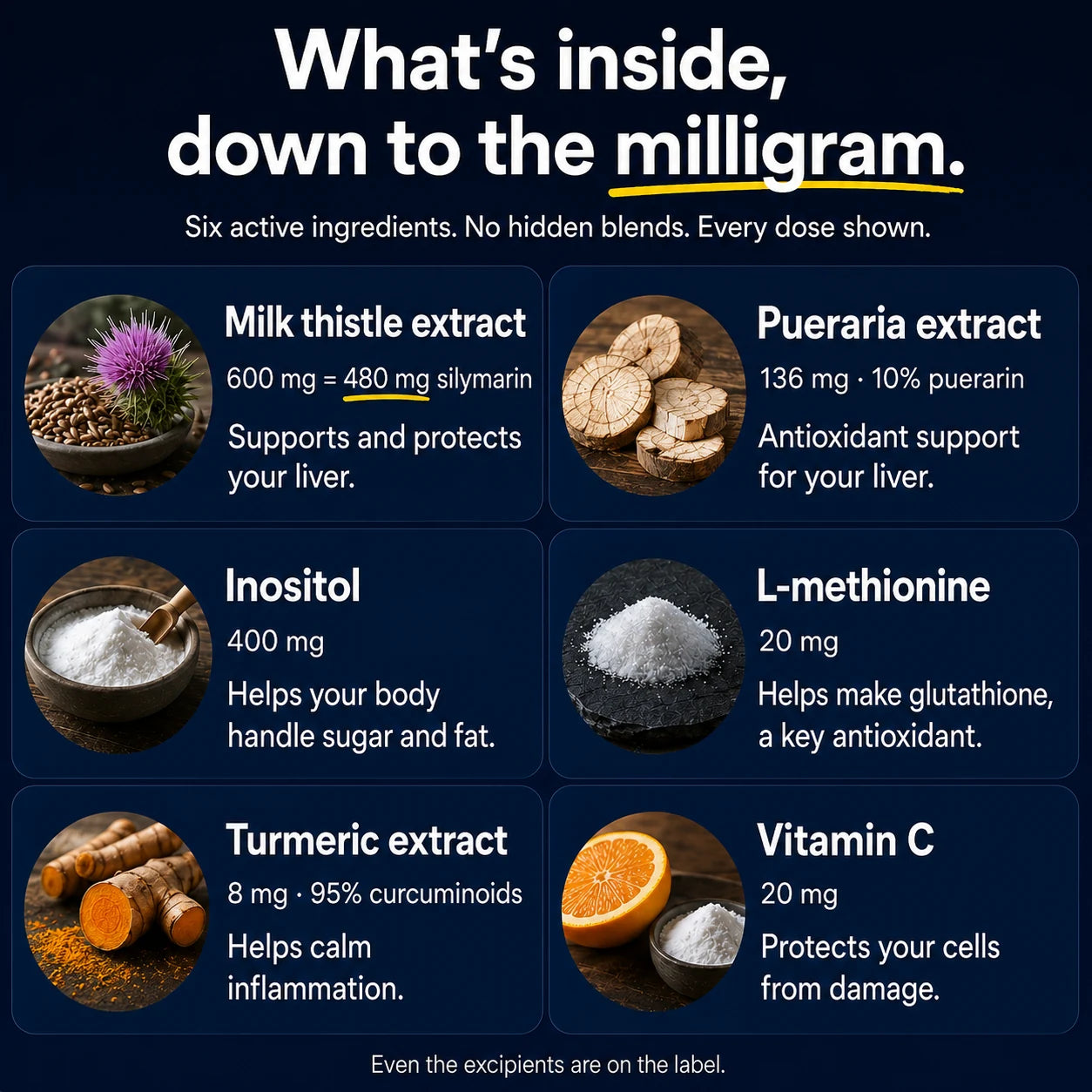 What's inside, down to the milligram — all six active ingredients with their daily doses