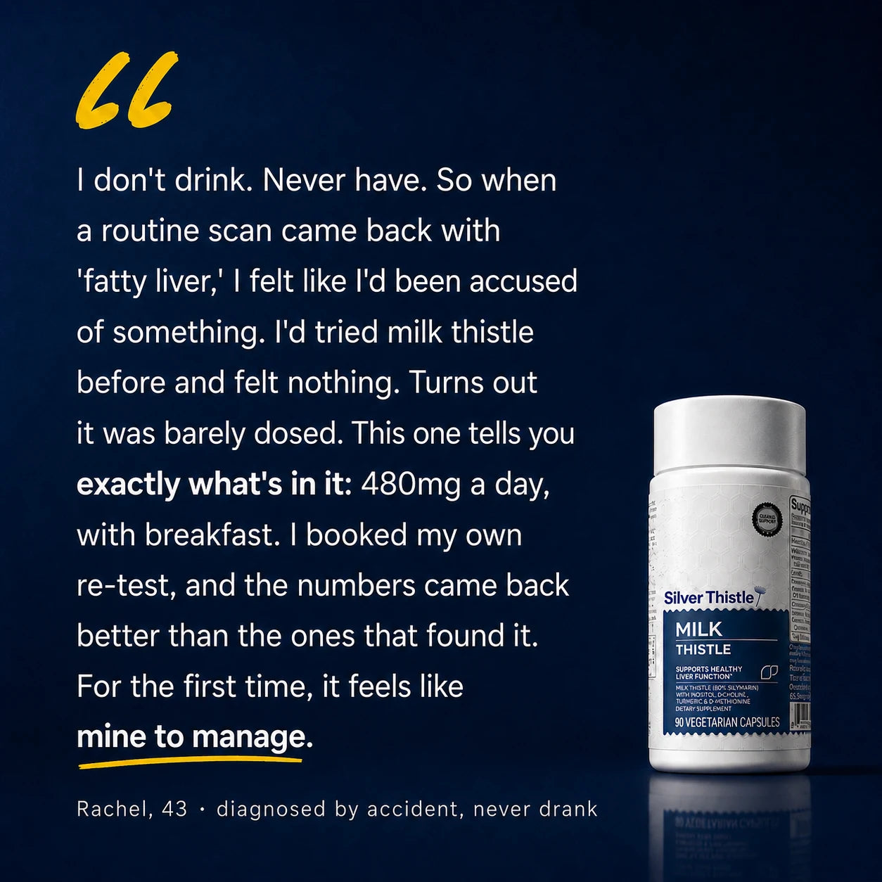 Customer quote — Rachel, 43, diagnosed by accident, never drank