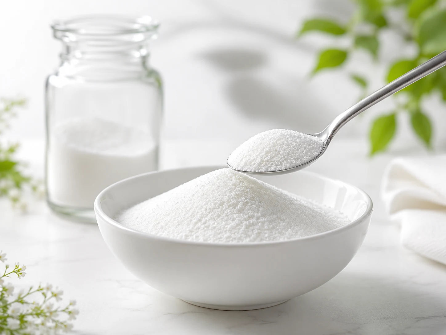A white bowl of fine inositol powder with a spoon, beside a plain glass specimen bottle on a bright white surface
