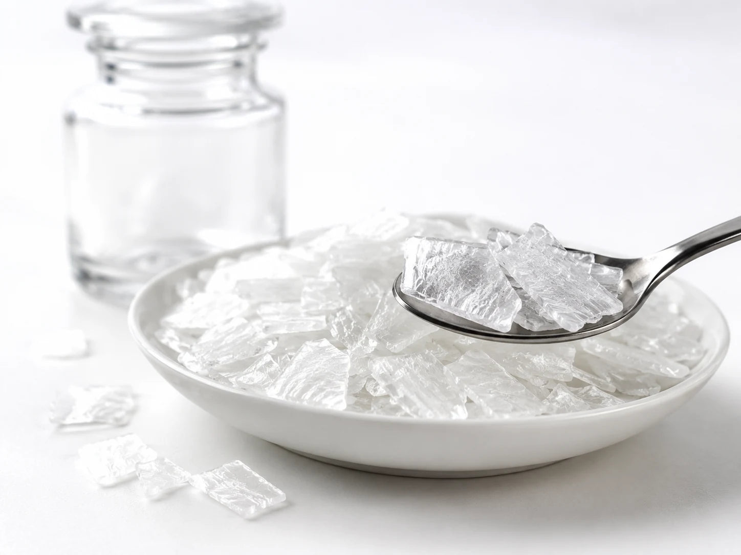 A white dish of large flaky white L-methionine crystals with a spoon, beside a plain glass specimen bottle on a bright white surface