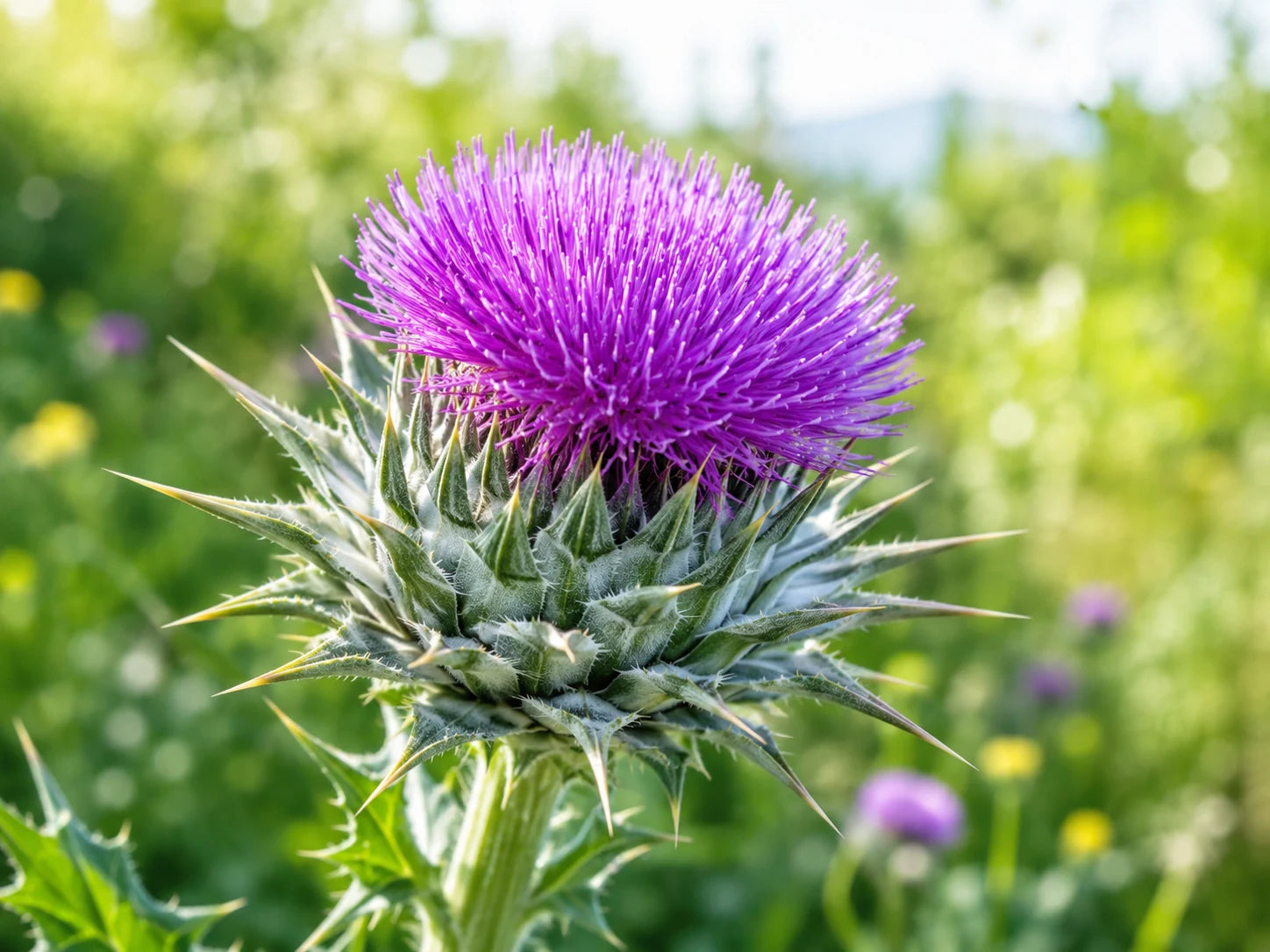 A vivid purple milk thistle flower in bloom with silvery-green spined bracts, growing in a sunlit green field