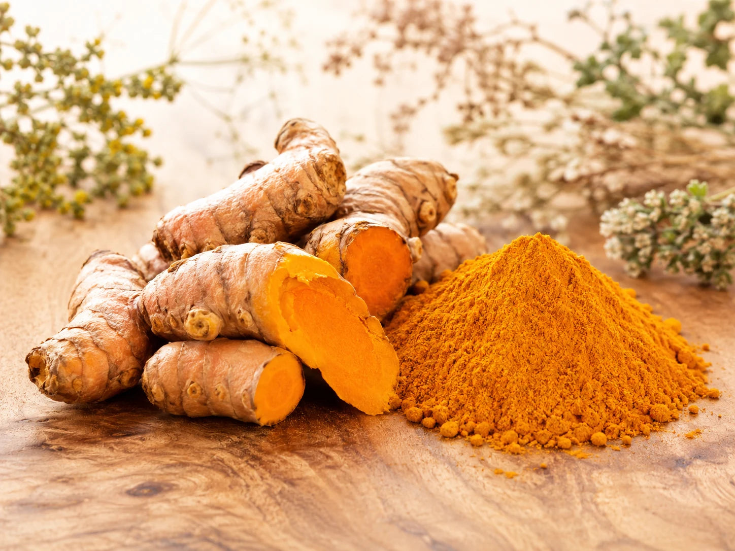 Fresh turmeric rhizomes, one snapped to show the orange interior, beside a pile of golden turmeric powder on a warm wood surface