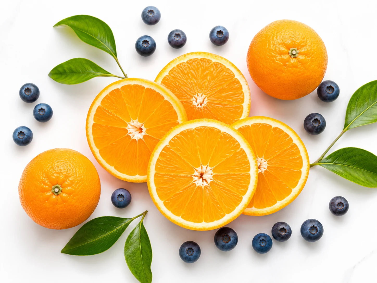 A bright flat-lay of fresh orange slices, whole oranges, blueberries and green leaves on a white surface